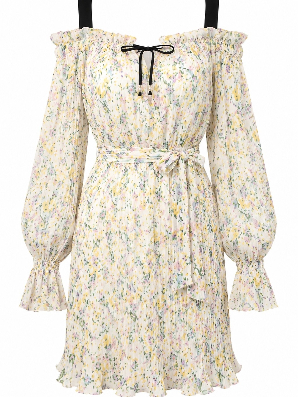 Off-Shoulder Pastel Floral Mini Dress with Tie Waist